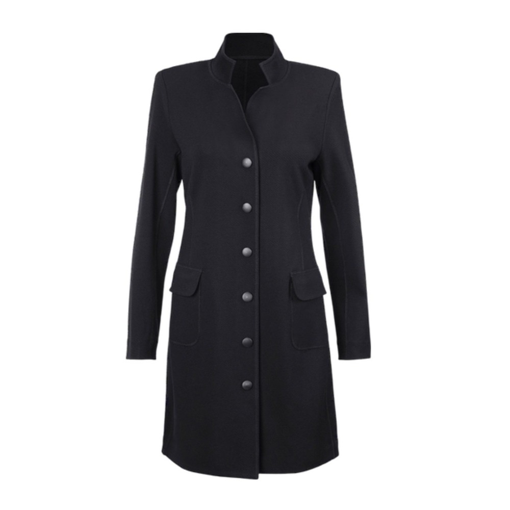 Cabi 3903 Black Ponte Knit Topper Coat Stand Collar Snap Front Jacket Womens M